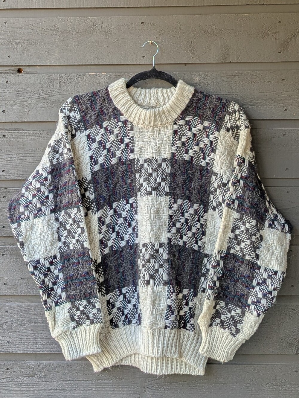 VTG 80s 100% Wool Handmade Woven Chunky Crew Neck Sweater Large
